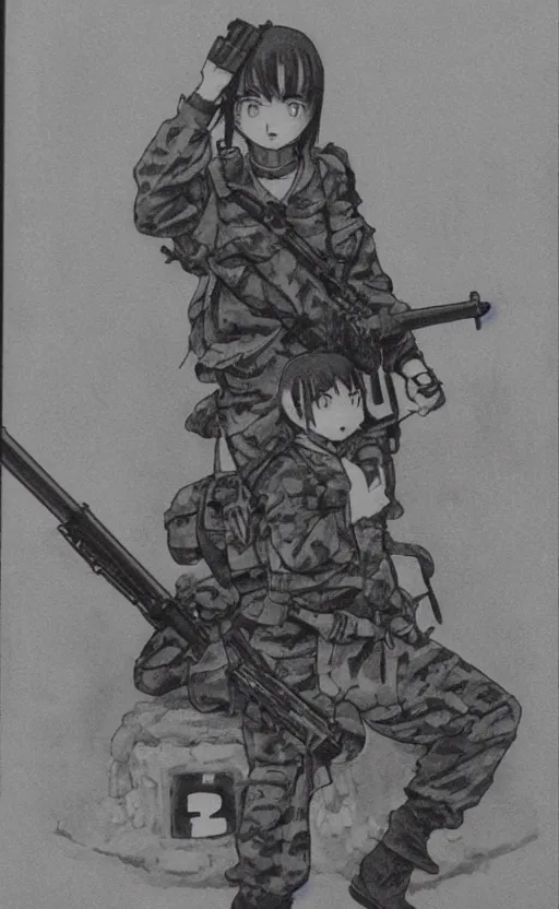 Image similar to manga, monochromatic, toriyama akira, portrait of soldier girl shooting with a rifle