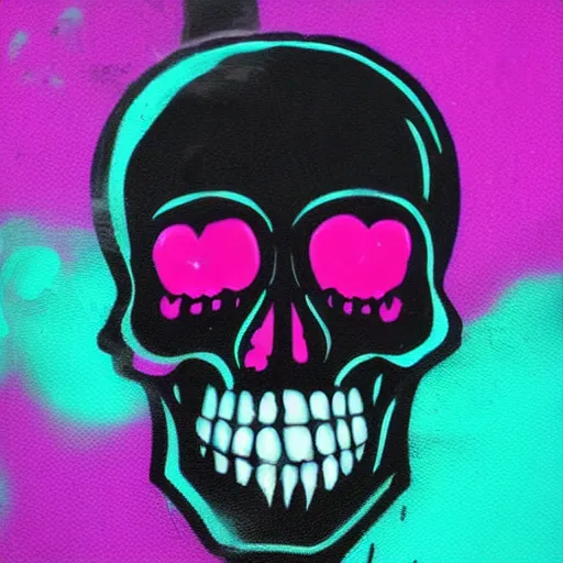 Image similar to a cartoon skull spray painted on a black background with dripping pink spray paint, pixel art, three fourths view, black background!!!!!