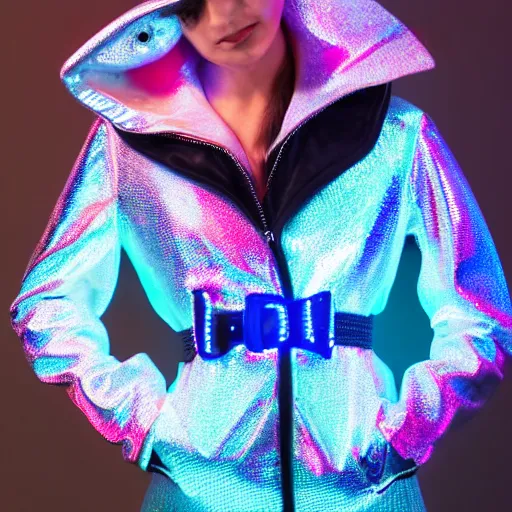 Prompt: product photo of an insanely integrated elaborate shiny hooded steampunk livree jacket is textured with multicolored holographic faces and big blue neon collar, belts and buttons, glowing neon red edges, detailed fold fall, 35mm