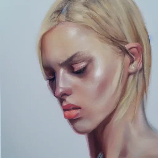 Image similar to portrait of crying blonde fashion model, hyperrealism oil painting