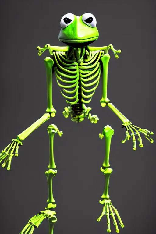 Image similar to movie poster of kermit the terminator, chromatic humanoid skeleton frog skeleton hybrid, robot, ultra realistic, cinematic lighting hd photography,