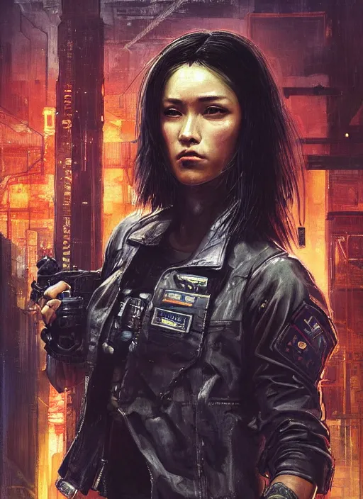 Image similar to Nikki tanaka. beautiful cyberpunk female USN marine wearing a military vest and punk clothing. (Cyberpunk 2077, bladerunner 2049). gorgeous face. Iranian orientalist portrait by john william waterhouse and Edwin Longsden Long and Theodore Ralli and Nasreddine Dinet, oil on canvas. Cinematic, hyper realism, realistic proportions, dramatic lighting, high detail 4k