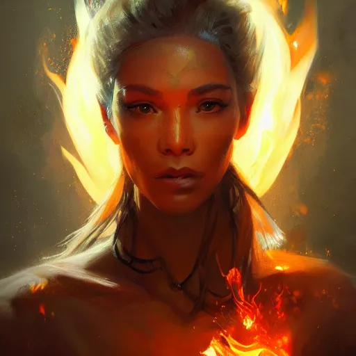 Image similar to a beautiful portrait of a flame goddess by by Greg Rutkowski and Raymond Swanland, Trending on Artstation, Flaming Background, ultra realistic digital art