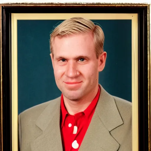 Prompt: official portrait of the united states president, 1994. He is a 35 year old white man from Texas with blond hair and a scar on his cheek.