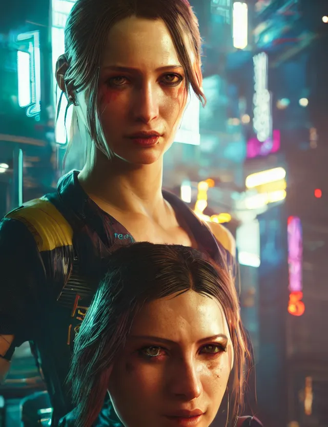 Prompt: close portrait of a young female waitress as cyberpunk 2 0 7 7 concept art, art by ryo shiotani and greg rutkowski, intricate, beautiful, cute, cinematic lighting, vintage art by serge ivanoff, high resolution, very detailed