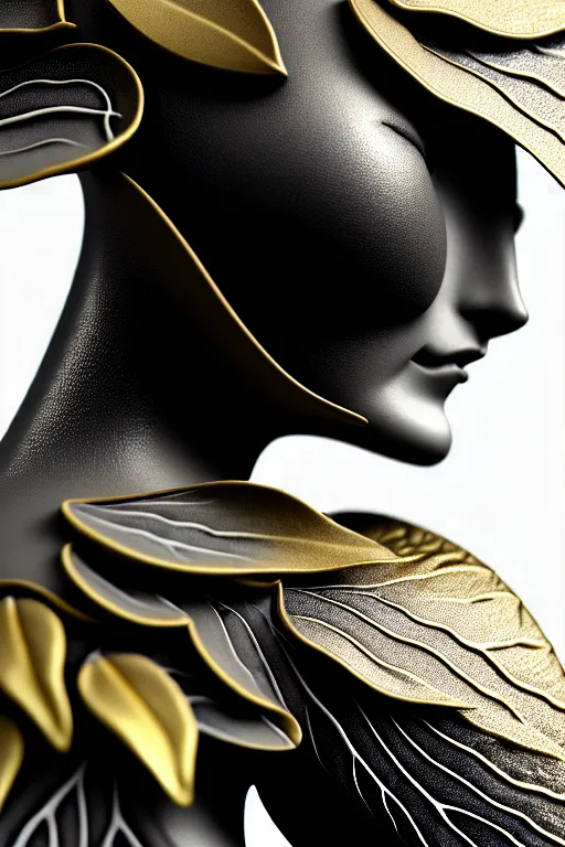 Prompt: soft bw close - up profile face, black background, beautiful young porcelain vegetal - dragon - cyborg - female, 1 5 0 mm, beautiful natural soft rim light, silver gold details, magnolia leaves and stems, roots, mandelbot fractal, elegant, ultra detailed, white metallic armour, octane render, h. r. giger style