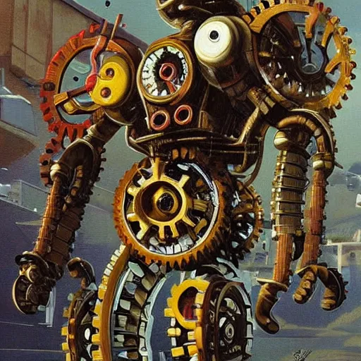 Image similar to a highly detailed retro futuristic robot with gears and other mechanical parts made out of pasta going for a walk outside, painting by Jim Burns