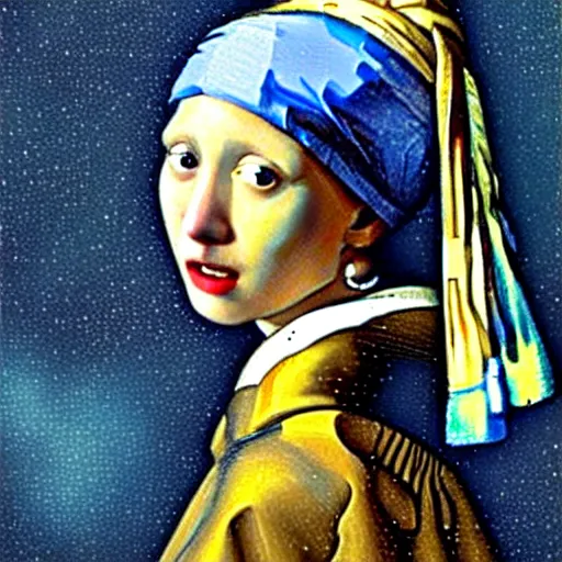 Prompt: girl with a pearl earring, in the style of the starry night by van gogh