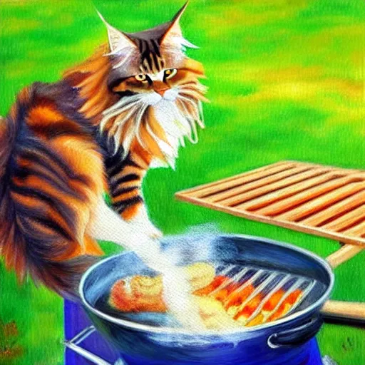 Prompt: beautiful impressionist painting of an ginger maine coon with a white beard cooking a bbq outside