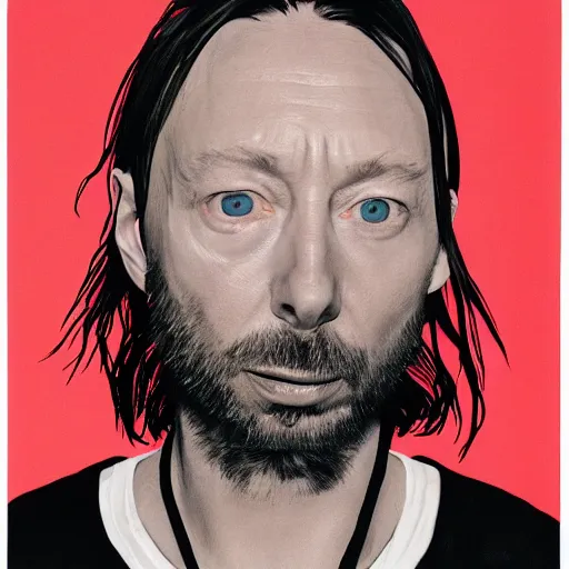 Image similar to Thom Yorke, Radiohead singer Thom Yorke, holding the moon upon a stick, with a beard and a black jacket, a portrait by John E. Berninger, dribble, neo-expressionism, uhd image, studio portrait, 1990s