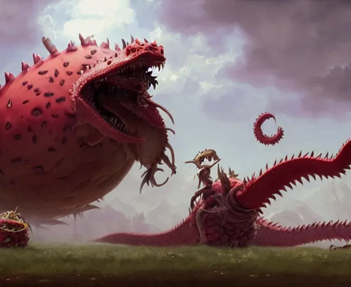 Image similar to still frame from Cloudy with a Chance of Meatballs 2 (2013) of possessed dragon fruit sandworm dragon, Scyth game art by peter Mohrbacher by Jakub Różalski by jakub rozalski