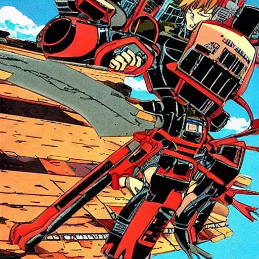 Image similar to an anime image in the style of akira, with a character leaping through the air, striking at a huge bat robot.