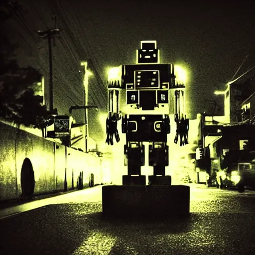 Prompt: giant robot at night, humanoid, eyes, historical photo, grainy, vintage, stark light, dramatic lighting, evil smile, street at night, cars in the background, trash on the ground, night sky, scary, evil