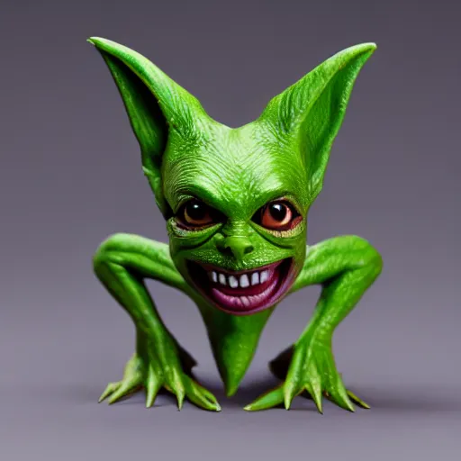 Prompt: portrait of a gremlin. Green skin, pointy nose and evil grin. Detailed face. Photo 8K.