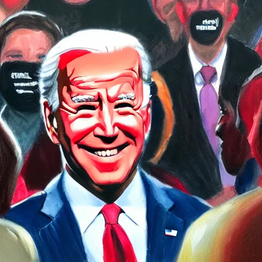 Prompt: Biden smiling with red glowing eyes staring at a crowd of people crying, oil painting