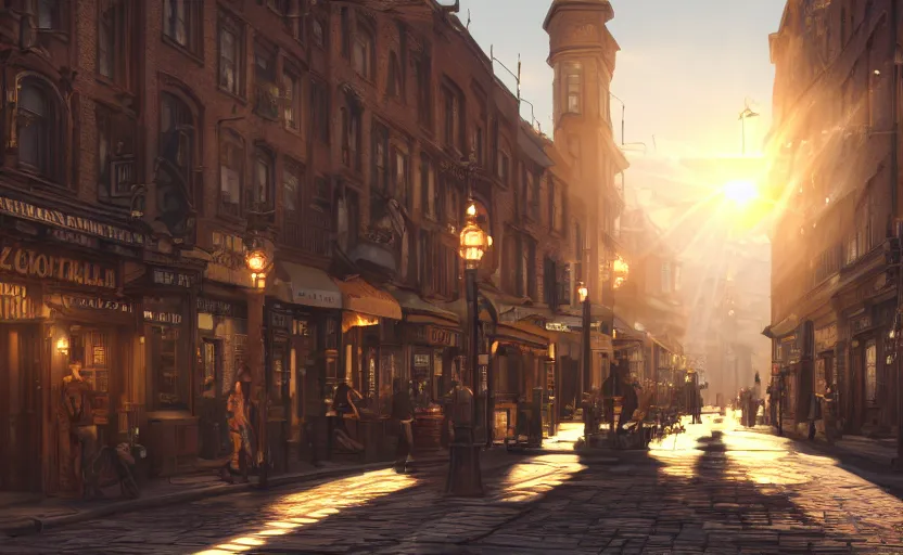 Image similar to photorealistic steampunk city streets. daylight. sunlight. lens flare. light fixtures. 8K. detailed. photorealism. artstation. 25mm f/1.7 ASPH Lens. ultra realistic