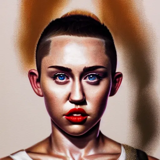 Image similar to Riveting Miley Cyrus portrait, atmospheric lighting, painted, intricate, volumetric lighting, beautiful, rich deep colors masterpiece, golden hour, sharp focus, ultra detailed, by Leesha Hannigan, Ross Tran, Thierry Doizon, Kai Carpenter, Ignacio Fernández Ríos