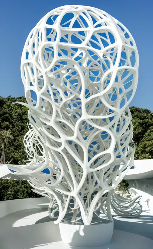 Image similar to elegant white art 3 d printed parametric installation with playful surreal tall lemon groves, beautiful sunny day, fluidity, vincent callebaut, mamou - mani, innovative voronoi pavilion with huge white magnolias above