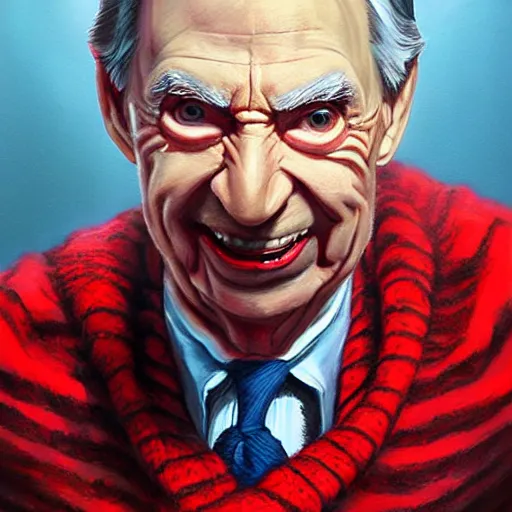 Image similar to hyper realistic portrait painting of evil mr. rogers as freddy krueger, painted by greg rutkowski, wlop, artgerm