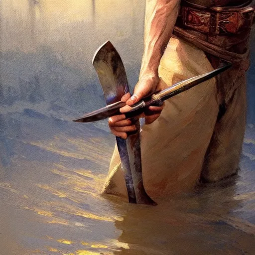 Image similar to a beautiful painting of a hand holding a sword, appearing out of water by james gurney and craig mullins