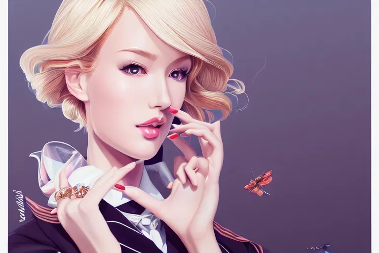 Prompt: a beautiful fashion blond flight attendant, symmetrical, maximalist, rose frame, art by ilya kuvshinov, rossdraws, sharp focus, art by wlop and artgerm, extreme detail, detailed drawing, hyper detailed face