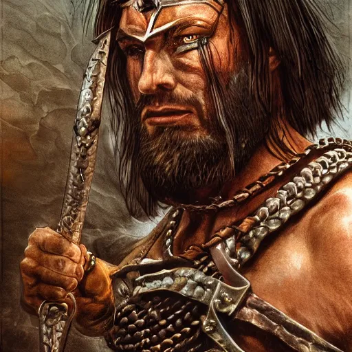 Prompt: Portrait of Conan the Cimmerian , loincloth, chainmail, axe, male, fantasy, extremely detailed, mixed media and fineliner illustration, artstation, fantasy art, smooth, sharp focus, RPG action portrait, dazzling lighting, art by Carl Critchlow, Simon Bisley and Bill Sienkiewicz , hyperrealistic character close-up, dark fantasy, foreboding atmosphere, golden ratio, hyperdetailed, highest resolution, laboriously detailed and complicated, artstation, Jia Ruan, 8k