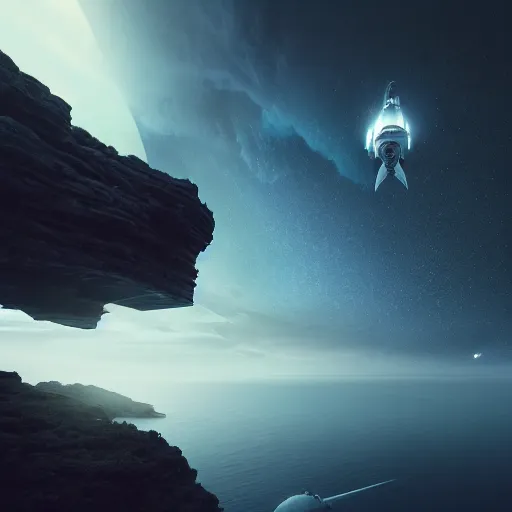 Prompt: A large space futuristic craft hovering next to a cliff, gloomy skies, dawn, artwork by Stefan Kopinski and Guillem H. Pongiluppi, greek setting, photo realistic, volumetric lighting, HDR, 4k, high detail