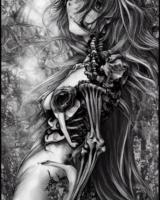 Image similar to skeleton cat girl with open skeleton ribs, wearing only lingering, black and white full shot, ambient, focused, art by ayami kojima, makoto shinkai, killian eng