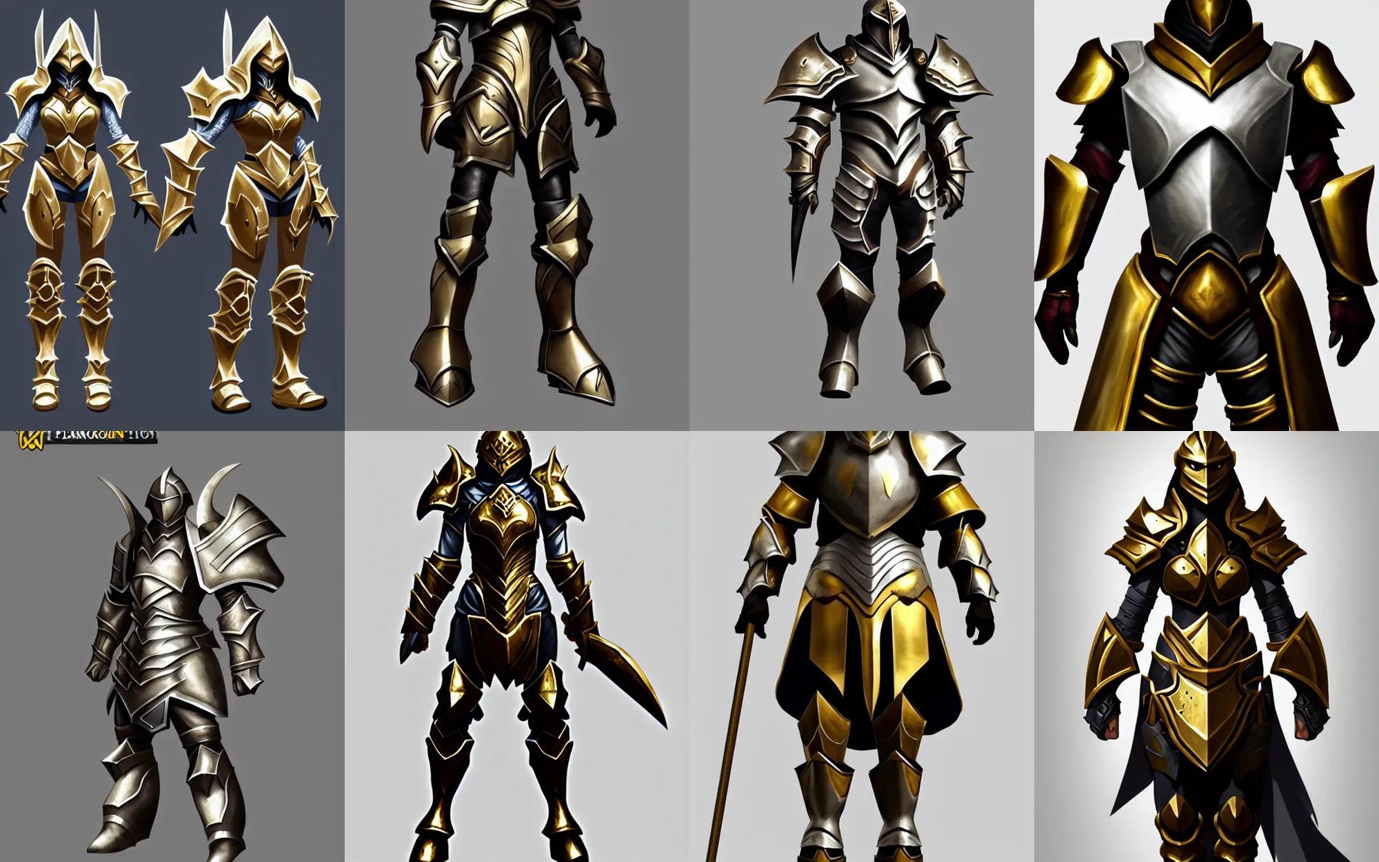 Prompt: epic paladin armor, stunning character art, trending on artstation, silver, gold trim, flat shading, extremely clean, uncluttered, high quality, exaggerated proportions, very professional