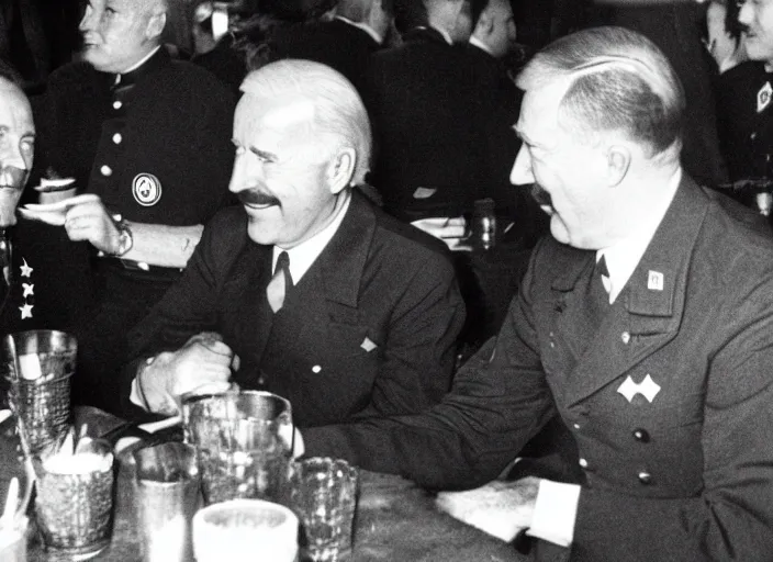 Prompt: Joe Biden and Adolf Hitler, having dinner at a Dive bar restaurant, award winning cinematic photography, 50 mm, blurred background, trending on twitter