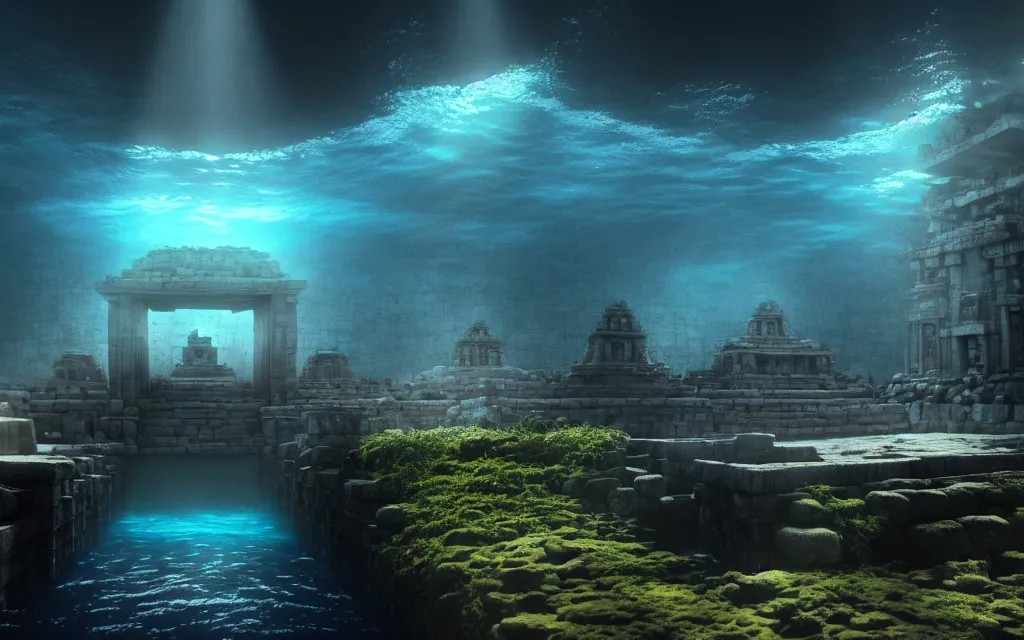 Image similar to ultrawide shot of submerged pre - incan temple, anime style mixed with fujifilm, dark, underwater, symmetrical, bubbles, abyss, dark, murky, foggy, atmospheric, crepuscular rays, artstation, cgsociety, octane render, cgi, unreal engine 5, denoise, detailed, cinematic masterpiece