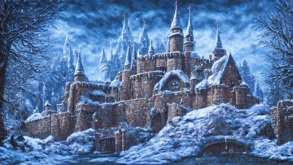 Prompt: a highly detailed, realistic oil painting of Hyrule Castle from Zelda Ocarina of Time in Winter, snow, intricate, 8k highly professionally detailed, HDR