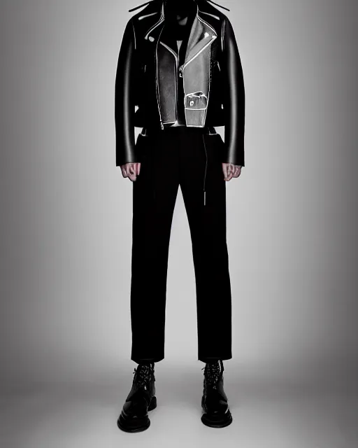 Prompt: a 5 0 mm award - winning photo of a a thick plain cropped extremely baggy pirate designer menswear leather jacket with an oversized collar and bootcut trousers designed by alexander mcqueen, 4 k, studio lighting, wide angle lens