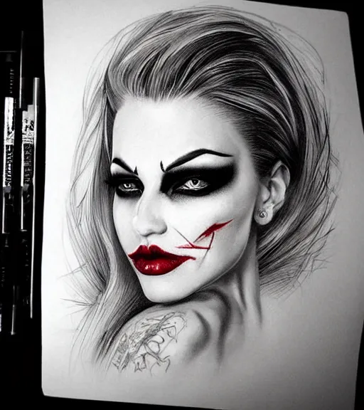 Prompt: ! dream tattoo design sketch of a beautiful blonde girl portrait with joker makeup, in the style of den yakovlev, realistic face, black and white, realism tattoo, hyper realistic, highly detailed