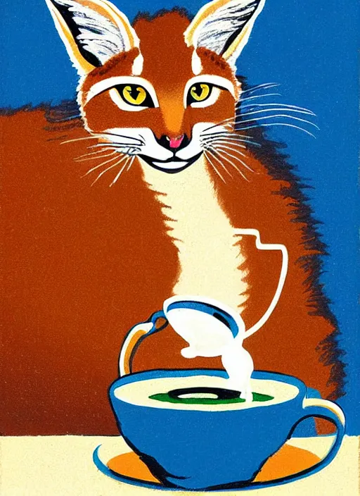 Image similar to an extreme close - up portrait of a cute fluffy caracal drinking tea, samovar, by billy childish, thick visible brush strokes, shadowy landscape painting in the background by beal gifford, vintage postcard illustration, minimalist cover art by mitchell hooks