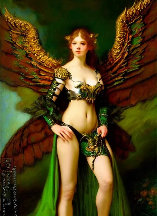 Prompt: angel knight gothic girl in dark and green dragon armor, rococo outfit. by gaston bussiere, by rembrandt, 1 6 6 7, artstation trending, blue light, by konstantin razumov *