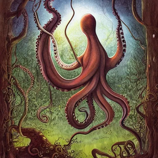 Image similar to a painting of an octopus in the woods, a storybook illustration by Daniel Merriam, featured on deviantart, fantasy art, lovecraftian, storybook illustration, biomorphic