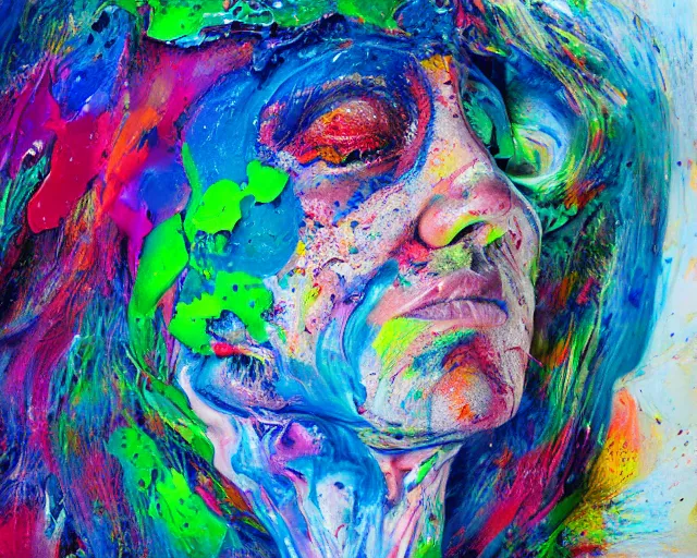 Image similar to abstract expressionist portrait of a head showing strong negative emotions painted with very thick impasto paint and acrylic pour and coloured powder explosion and splashing paint and dripping paint and flying paint chunks, motion blur, hyperrealistic, intricate art photography, anatomically correct, realistic crisp textures, 1 6 k