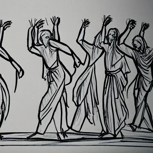 Prompt: a gesture draw of people in Biblical clothing dancing. Gesture draw, pen