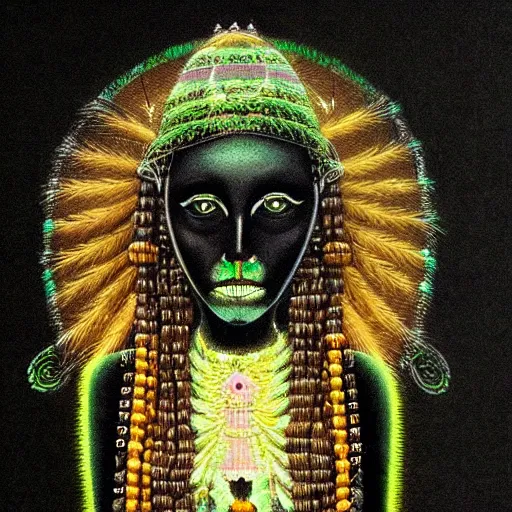 Prompt: professional portrait of a green annunaki woman, creepy, black background, very detailed, very intricate, intimidating,