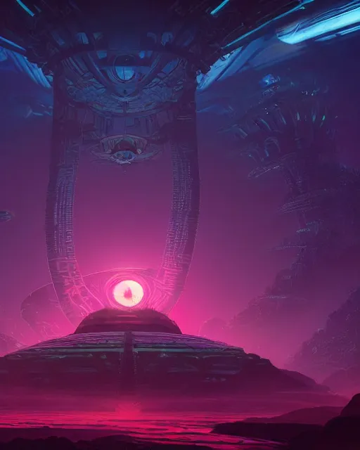 Prompt: spiral alien temple, beautiful landscape, nier automata, protoss!!, machine planet, glass obelisks!!, glow, mothership in the sky, pink sun, tropical forest, colorful light, advanced technology, cinematic lighting, mysterious, epic scale, highly detailed, masterpiece, art by bastien grivet and darwin cellis and jan urschel