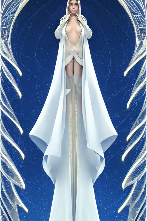 Image similar to detailed beautiful noun in opened white blue gold coat, seductive confident pose, attractive feminine curves, intricate details, futuristic, elegant cape, elegant, photorealism, trending on artstation, holy halo, advanced technology, art by moebius and vitaly bulgarov and chanthara