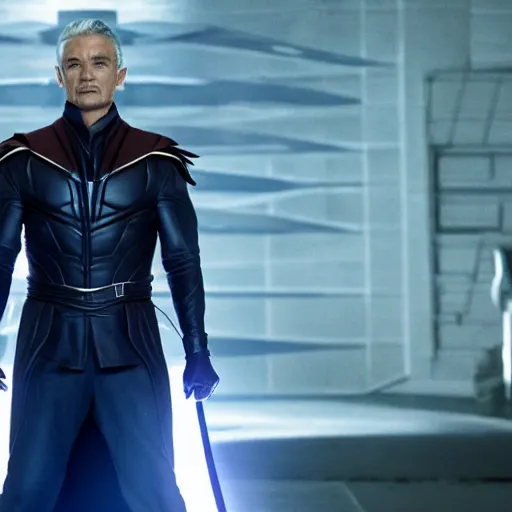 Prompt: A still of Orlando Bloom as Magneto in X-Men movie, dynamic lighting, villain pose, 8k, 2022 picture of the year
