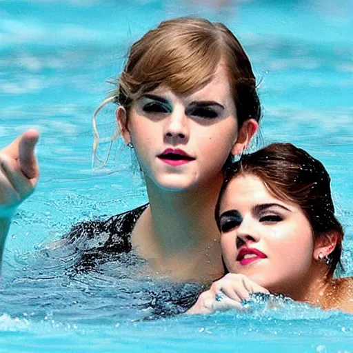 Image similar to emma watson and taylor swift and selena gomez swim together. perfect faces.