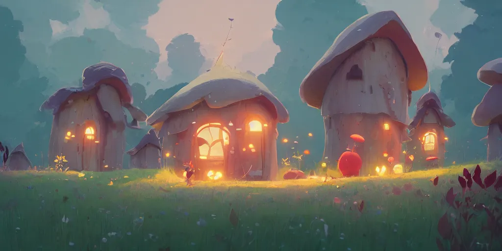 Prompt: small fairy mushroom houses, red ruff, by cory loftis & akihiko yoshida & james gilleard & atey ghailan & makoto shinkai & goro fujita & studio ghibli, rim light, exquisite lighting, clear focus, magic atmosphere, lights, night, very coherent, plain background, soft painting