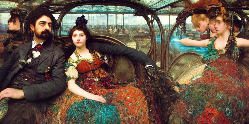 Image similar to detailed colourful masterpiece of photography couple portrait sat down extreme closeup, inside an underwater train, wearing unusual clothes, by william powell frith and ford maddox brown and frederic leighton and john william waterhouse