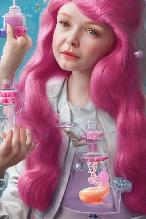 Prompt: highly detailed, profile portrait of princess bubblegum experimenting in her candy science lab, wearing lab coat and sapphire tiara, bubblegum hair, bubblegum face, depth of field, illustration, concept art by nicoletta ceccoli, mark ryden, lostfish, detailed and intricate environment, 8 k resolution, hyperrealistic, octane render