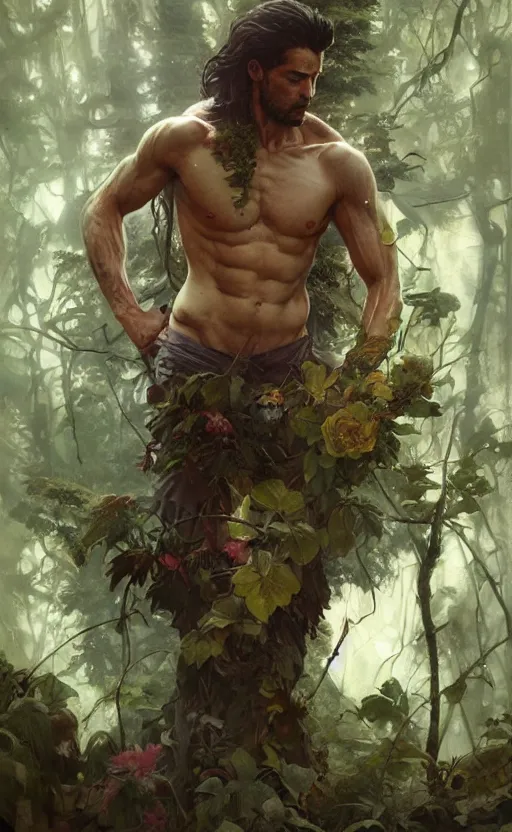 Image similar to god of the forest, 3 0 years old, rugged, handsome, male, detailed face, clean lines, atmospheric lighting, amazing, full body, thighs, flowers, muscular, intricate, highly detailed, digital painting, deviantart, concept art, sharp focus, illustration, art by greg rutkowski and alphonse mucha