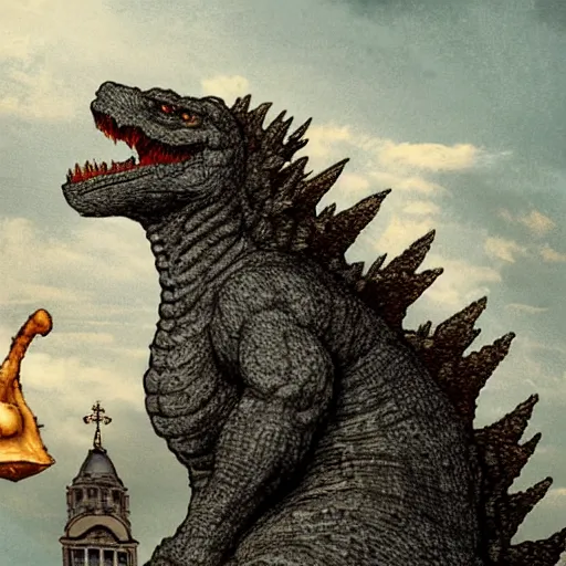 Prompt: godzilla sitting atop st. Peter’s church in rome, eating a mushroom. Digital art.