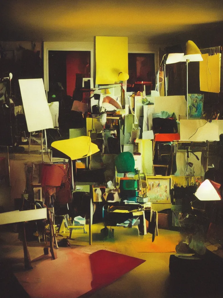 Prompt: dramatic scene shallow depth of field medium shot uncanny surreal photograph of a colorful intimate art studio in 1 9 9 5 titled'yellow light on the ', photographed by william eggleston and ken price and man ray, grainy shocking detail trending on artstation 8 k